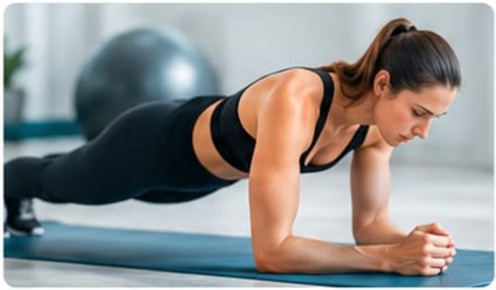 Mujer haciendo plancha sobre una colchoneta en una sala de entrenamiento.